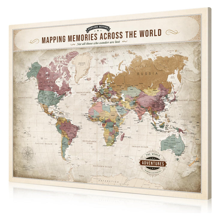 Personalized World Push Pin Travel Map, Soft Vintage Pastel Wall Art