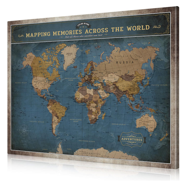 Personalized World Push Pin Travel Map, Deep Blue Vintage Explorer Wall Art