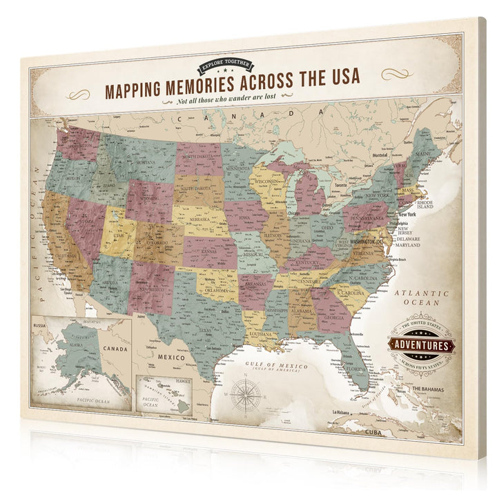 Personalized USA Push Pin Travel Map, Vintage Soft-Tone Wall Art