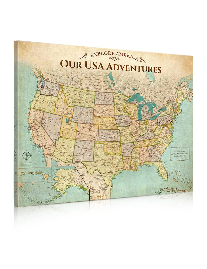 Personalized USA Push Pin Travel Map, Antique Explorer-Style Wall Art