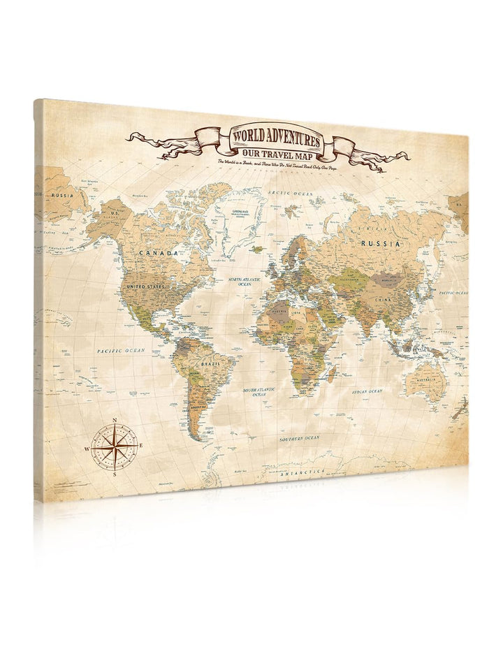World Push Pin Travel Map, Vintage Explorer-Style Wall Art