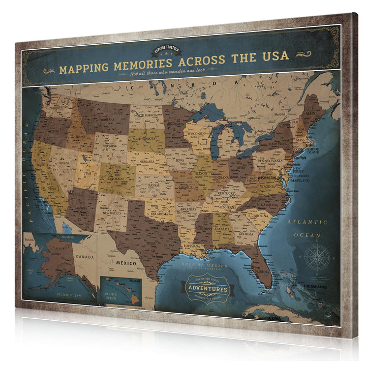Personalized USA Push Pin Travel Map, Deep Blue Vintage Wall Art