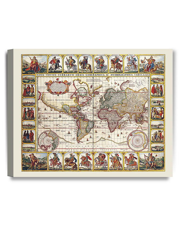 Vintage 1652 World Map Art by Claes Janszoon Visscher.