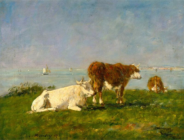 Cows grazing by the sea