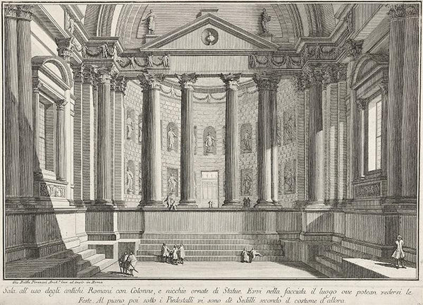 Plate 9 'Colonnaded hall according to the custom of the ancient Romans, and niches adorned witn statues' (Sala all'uso degli antichi Romani con colonne, e nicchie ornate di statue), from the series 'Part one of architectur