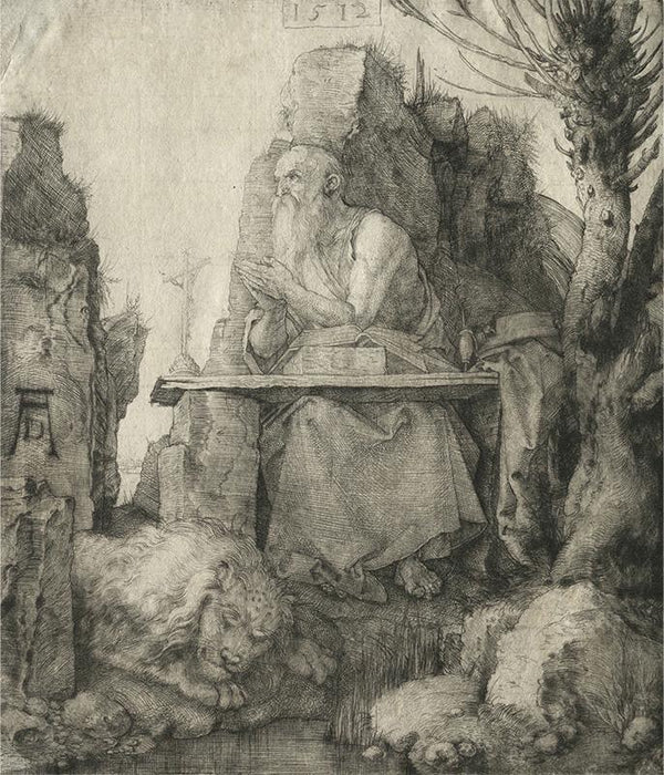 Albrecht Dürer, St Jerome seated near a pollard willow, a drypoint