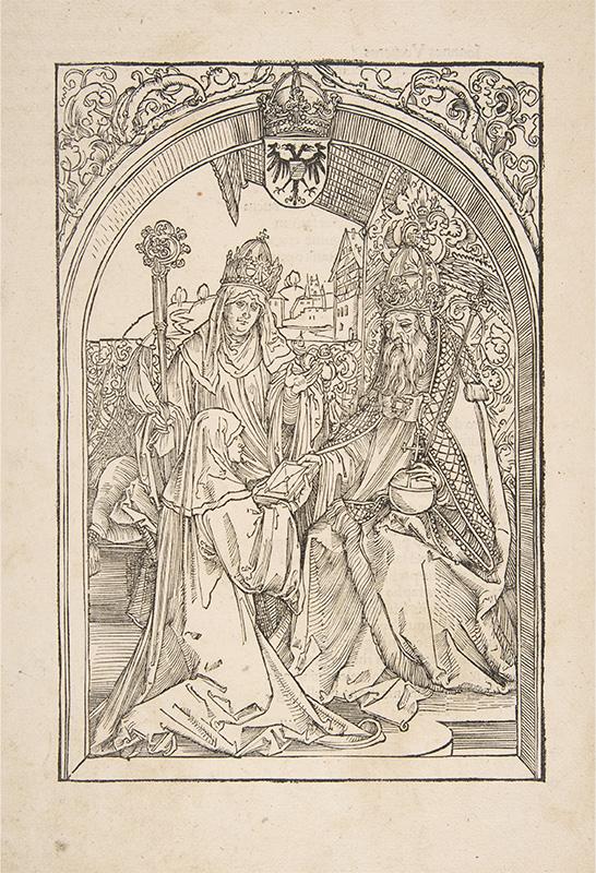 Rosvitha Presenting the Comedies to the Emperor Otto I. illustration from the Opera Hrosvita, 1501