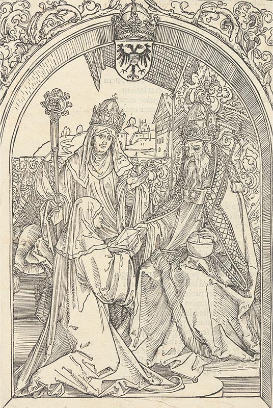 The Nun Hroswitha of Gandersheim (ca. 932–1001) Presenting Her Six Plays to Emperor Otto I, in the Presence of Her Niece, Gerberga