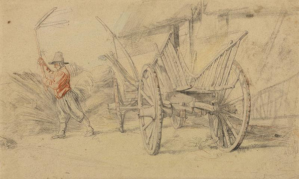 A Man Threshing Beside a Wagon, Farm Buildings Behind