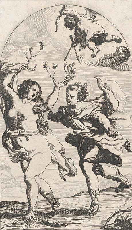 Daphne fleeing from Apollo, with Cupid overhead