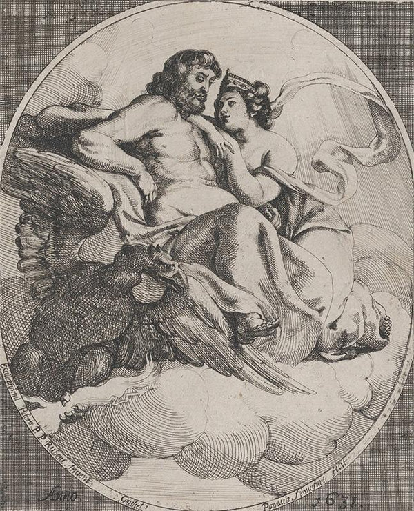 Jupiter and Juno seated on clouds, with an eagle holding thunderbolts below at left