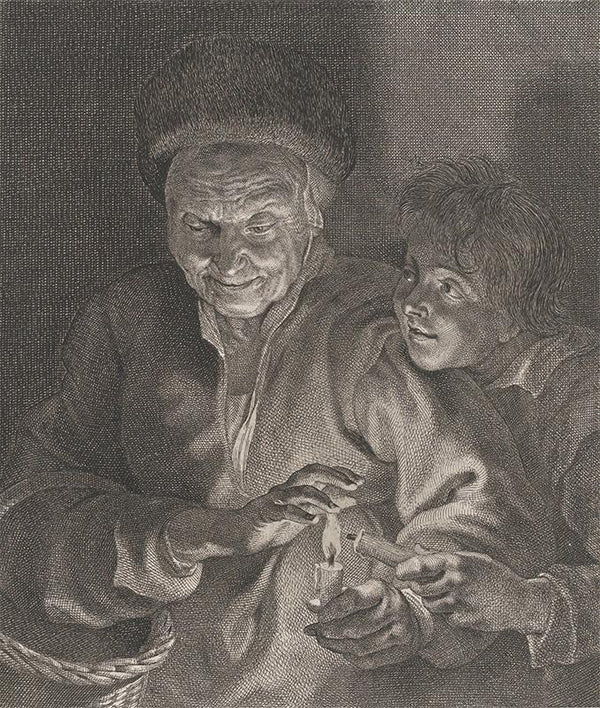 Old woman and a boy with candles