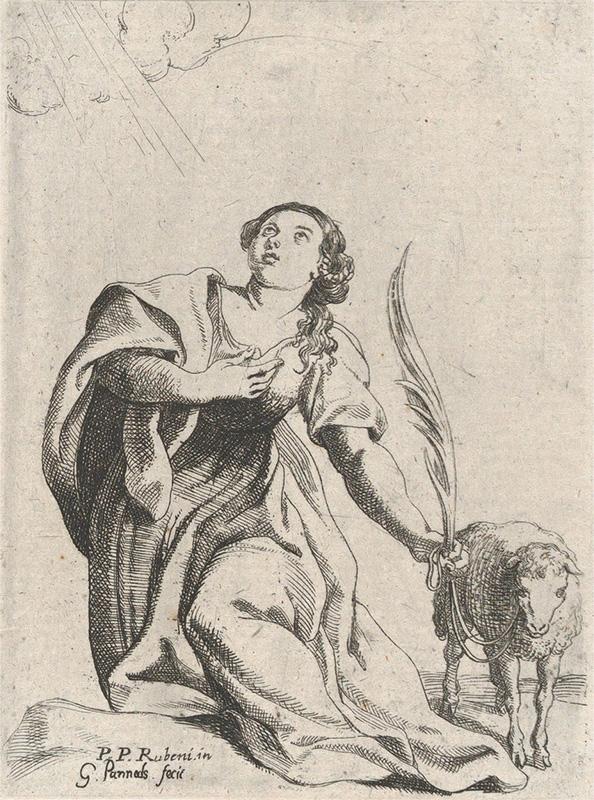 Saint Agnes, holding a palm leaf and a tethered lamb