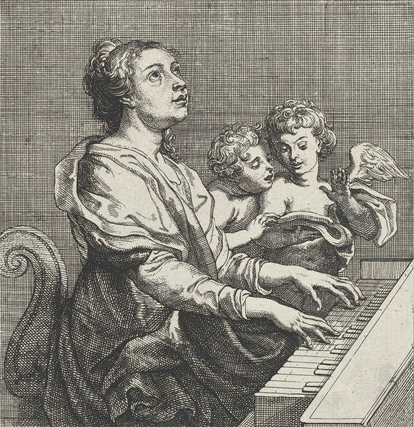 Saint Cecilia playing the organ with two putti at right