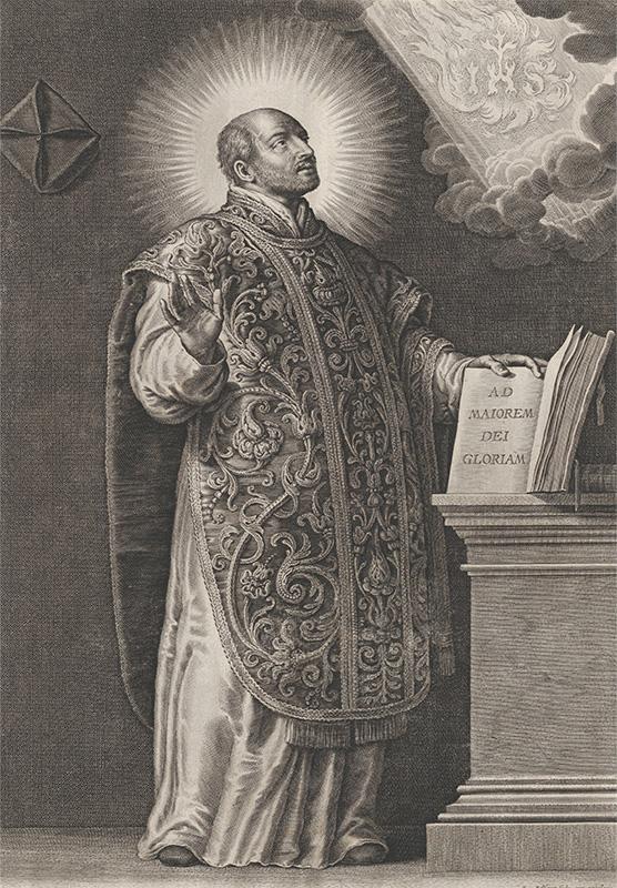 Saint Ignatius Loyola, standing and holding an open book