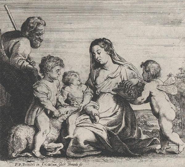 The Holy Family and Saint John the Baptist playing with a lamb, an angel at right