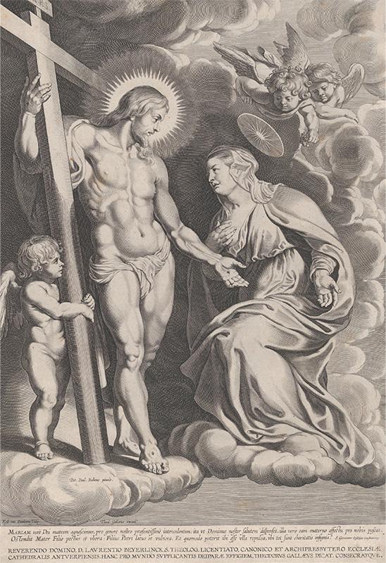 The Intercession of the Virgin, kneeling on a cloud at right before Christ, standing at left holding the cross