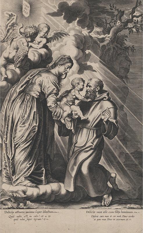 The Vision of Saint Francis, kneeling at right, receiving the Christ child from the Virgin Mary 1