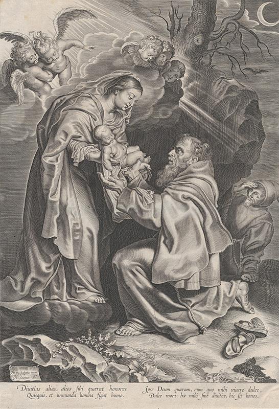 The Vision of Saint Francis, kneeling at right, receiving the Christ child from the Virgin Mary