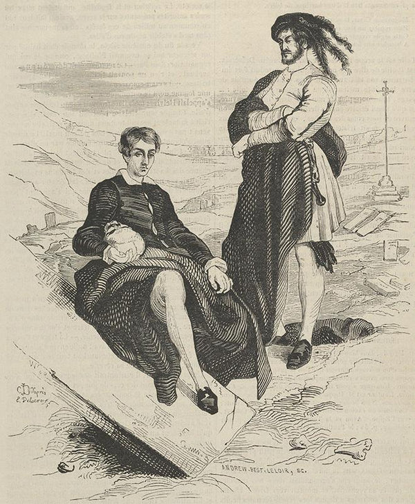 Wood engraving after painting by Delacroix of Hamlet and Horatio