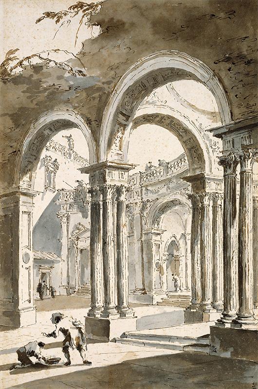 A Colonnade, Partly Ruined, with Figures