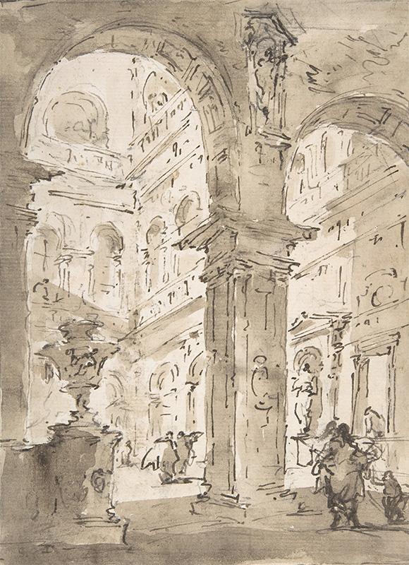 Architectural Capriccio Courtyard of a Palace (recto); Saint Aloysius Gonzaga Holding a Crucifix (verso)