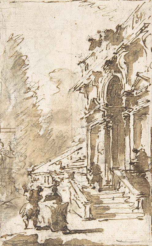 Architectural Capriccio Garden Entrance to a Palace (recto); Three Masked and Costumed Figures and Other Figure Studies (verso)