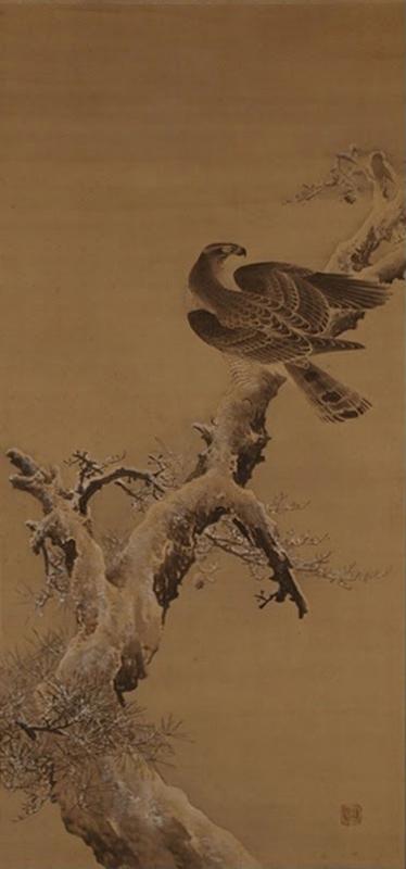 Left Hawk on a Snowy Bough; Right Hawk on a Snowy Bough