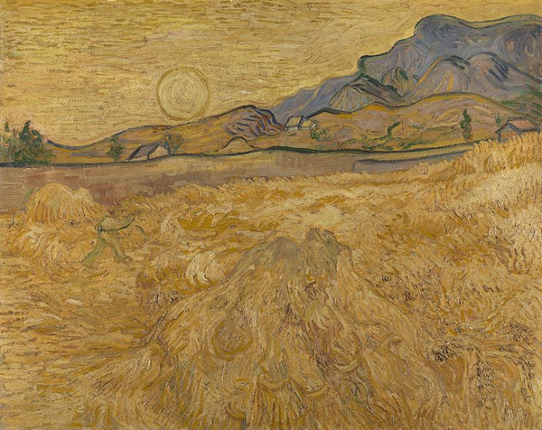 Wheat field with reaper and sun