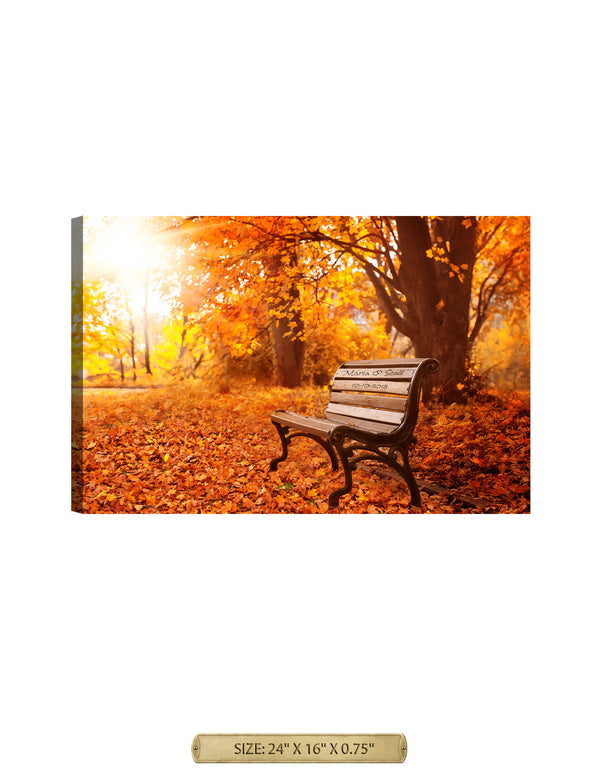Romantic Bench Under the Autumn Tree - Personalized Wall Art With Your Names & Date. Giclee Prints & Wide Selection Of Frames. Ready To Hang.