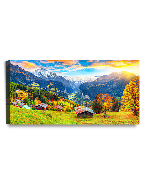 Village of Wengen, Switzerland. Green Rolling Hills, Autumn Landscape.