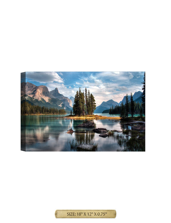 Spirit Island, Jasper National Park.Lake with Mountain Forest. Archival Giclee Print on your choice of Canvas or Paper. Rolled or Ready to Hang.