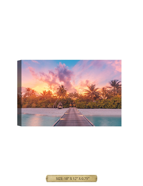 Maldives, Sunset over Beach. Archival Giclee Print on your choice of Canvas or Paper. Wide Selection of Frames. Rolled or Ready to Hang.