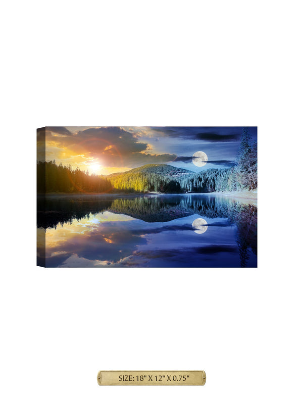 Sun and Moon. Sunrise and night lakeview. Archival Giclee Print on your choice of Canvas or Paper. Wide Selection of Frames. Rolled or Ready to Hang.
