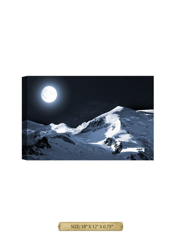 Full Moon over Mont Blanc. Winter Snow Mountain view. Archival Giclee Print on your choice of Canvas or Paper. Rolled or Ready to Hang.