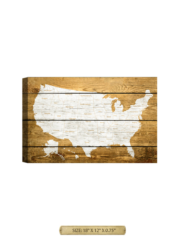 The map of USA on Vintage wooden background. Archival Giclee Print on your choice of Canvas or Paper. Rolled or Ready to Hang.