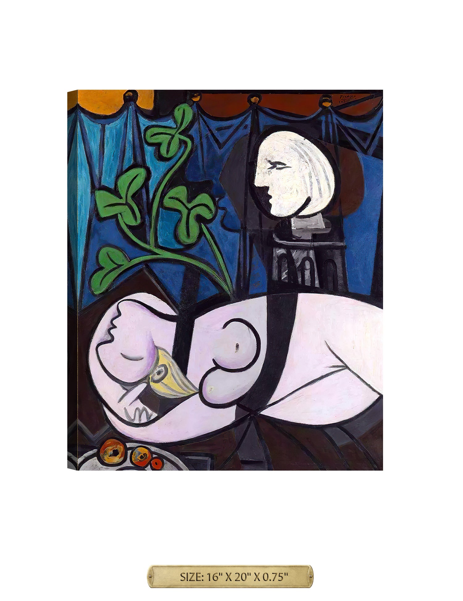 Desnudo, hojas verdes y busto de Pablo Picasso.