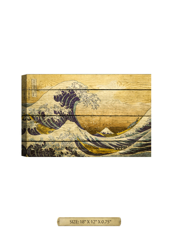 The Great Wave off Kanagawa on Vintage wooden background.